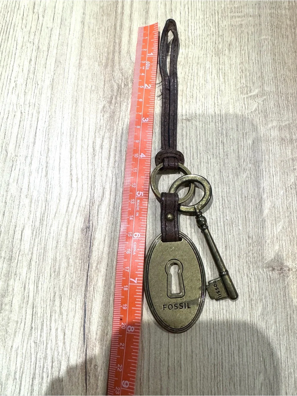Fossil Brown Leather Key Fob with Brass Key & Lock Tag